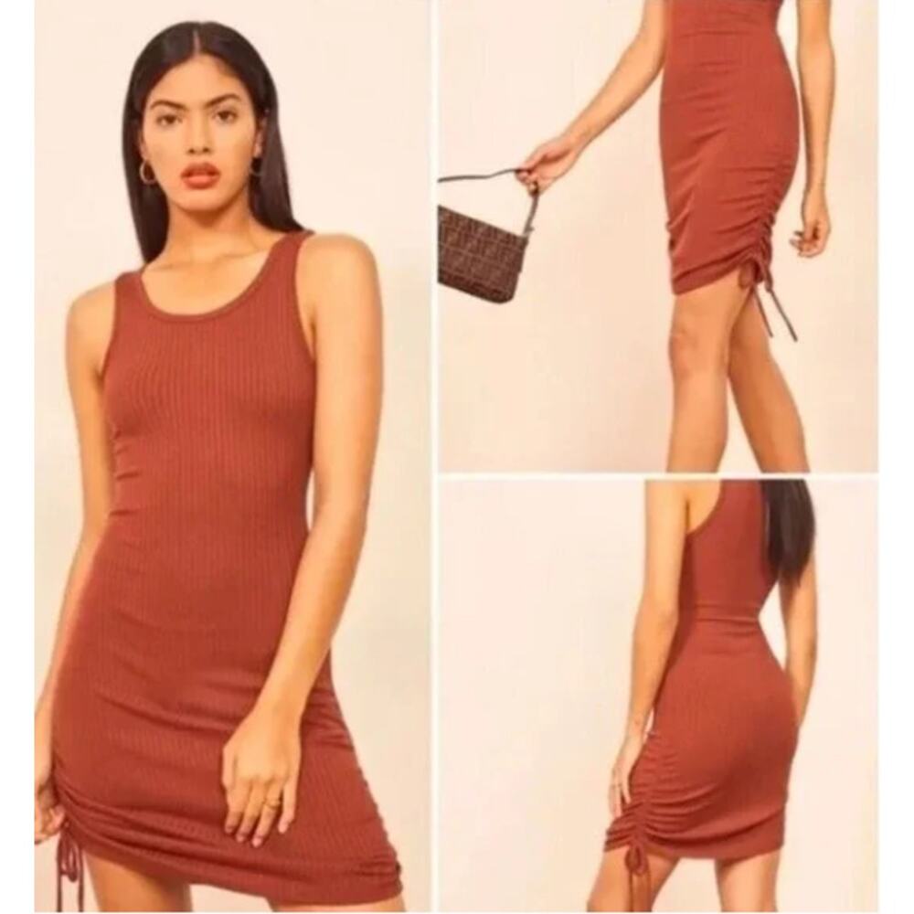 Reformation Bodycon Tank Dress Aerin Side Ruched Ties Size S‎ Rust Tight Knit